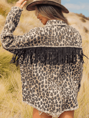 Leopard Fringe Detail Collared Neck Denim Jacket 
