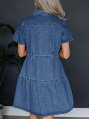 Pocketed Button Up Collared Neck Short Sleeve Denim Dress 