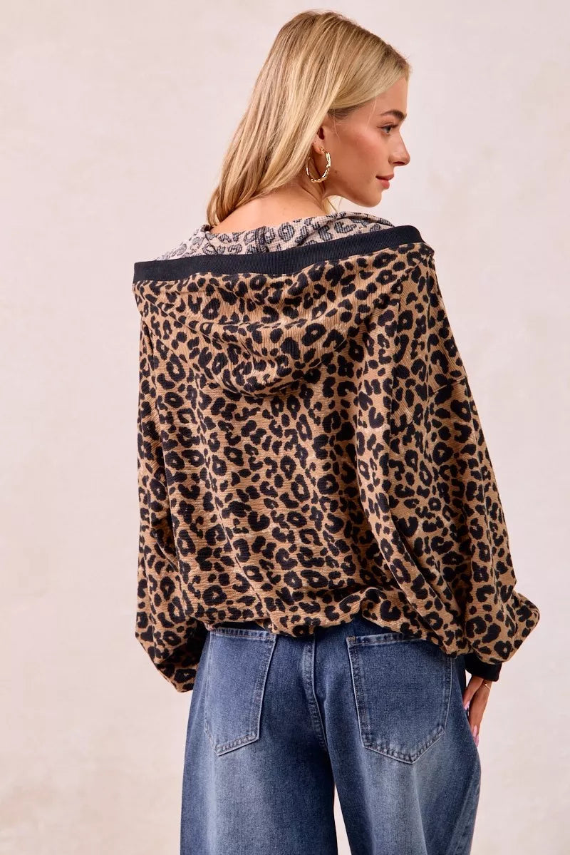 BiBi Leopard Print Waffle Half Zip Up Hoodie W Pocket 
