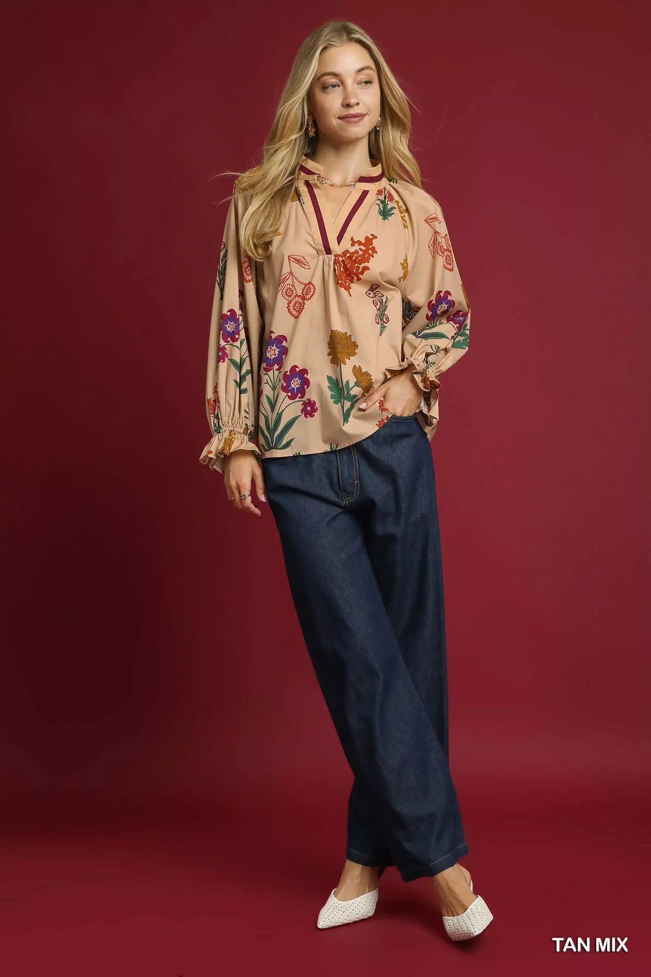 Umgee Floral Print Flounce Sleeve Blouse 
