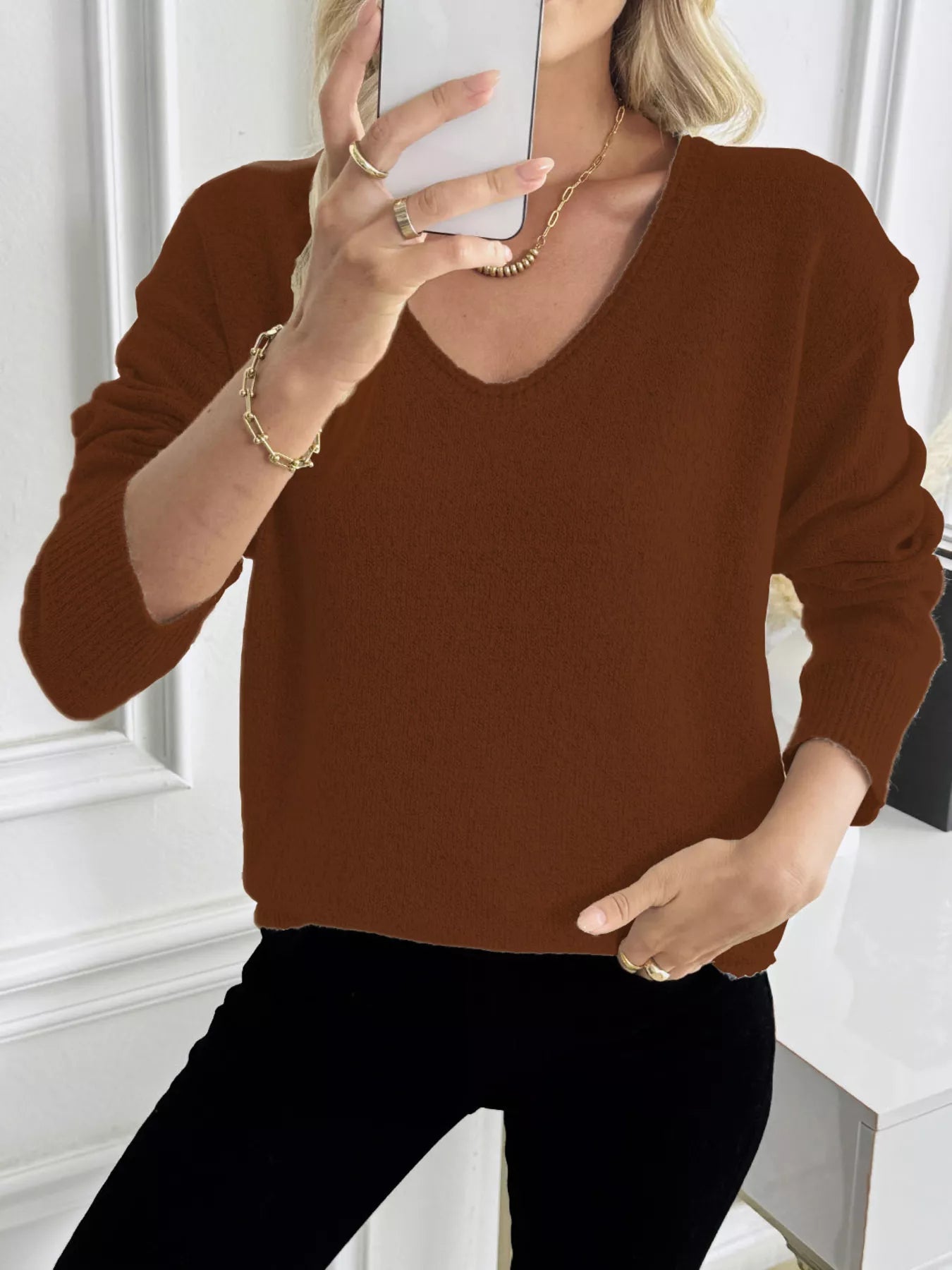 Casual V-Neck Drop Shoulder Sweater 