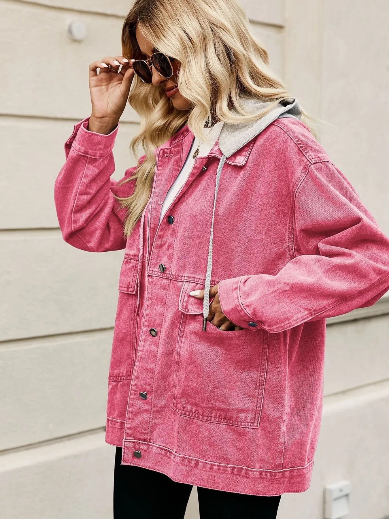 Oversized Button Up Denim Jacket with Hood 