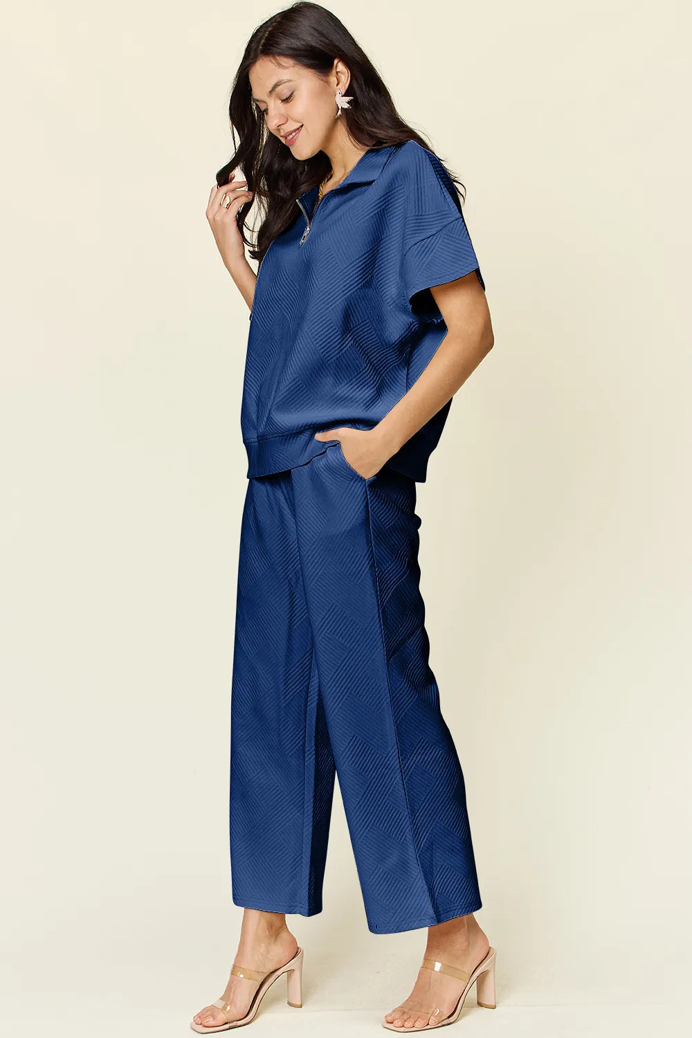 Double Take Full Size Texture Half Zip Short Sleeve Top and Pants Set 