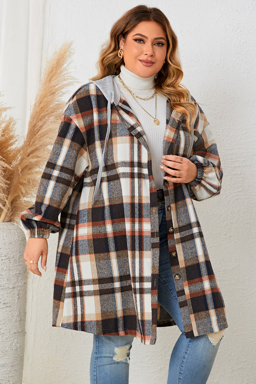 Honey Plus Size Plaid Drop Shoulder Hooded Coat 