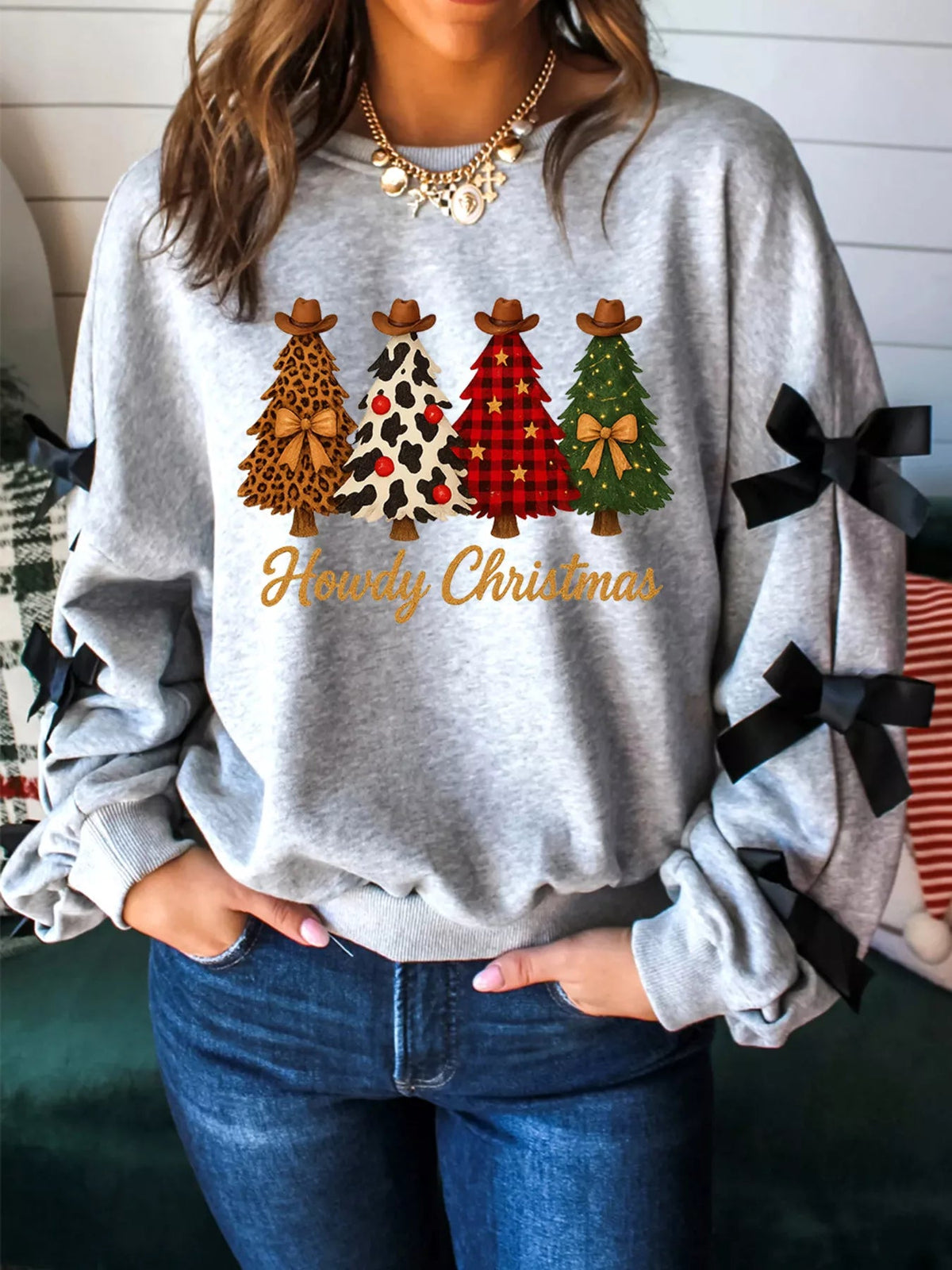 Howdy Christmas 4 Trees Ribbon Bow Decor Sweatshirt 