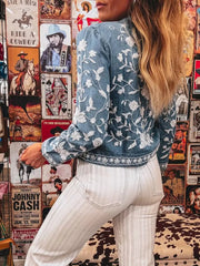 Floral Embroidered Button Up Denim Shirt 
