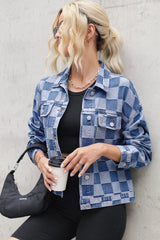 Checkered Button Up Long Sleeve Denim Jacket 