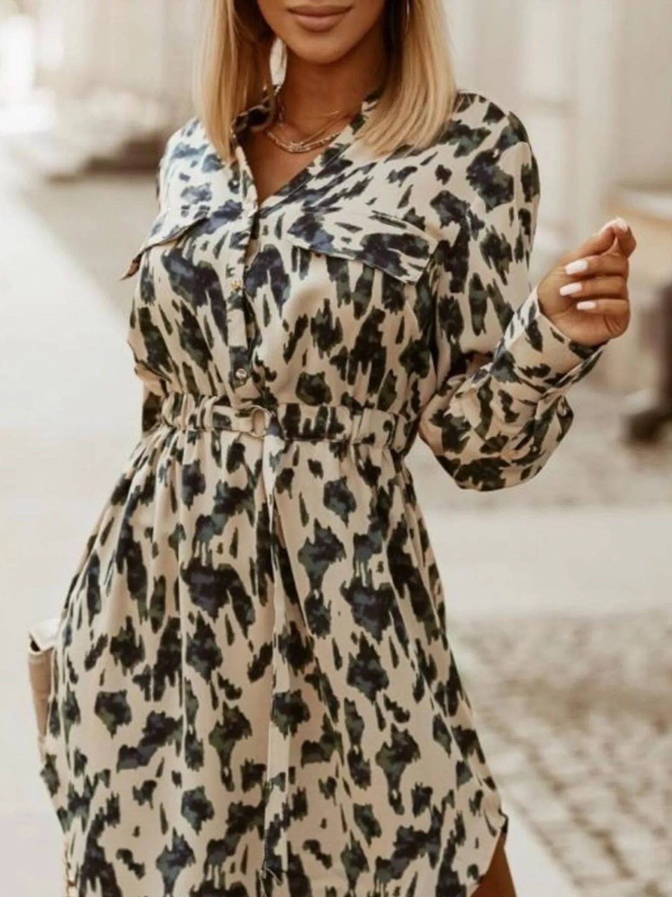 Printed Button Front Long Sleeve Dress 