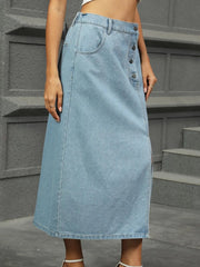 Slit Button Detail Denim Midi Skirt 