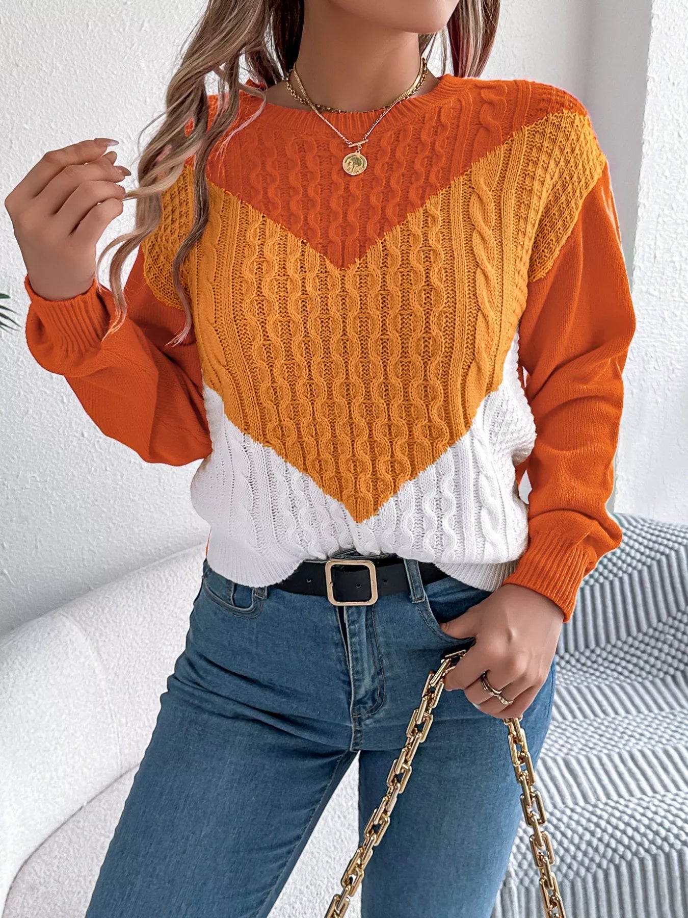 Color Block Cable Knit Sweater 