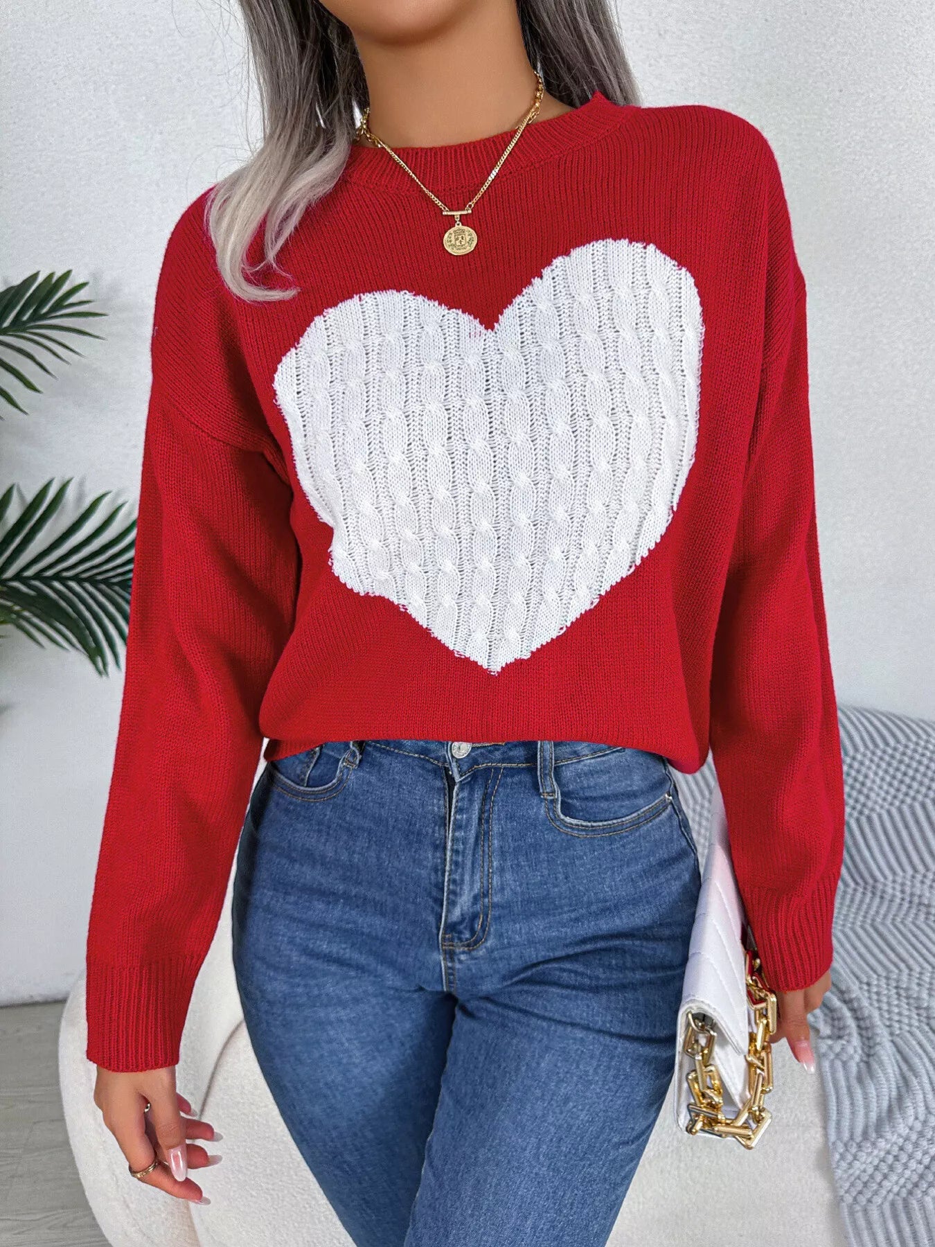 Cable Knit Heart Round Neck Sweater 