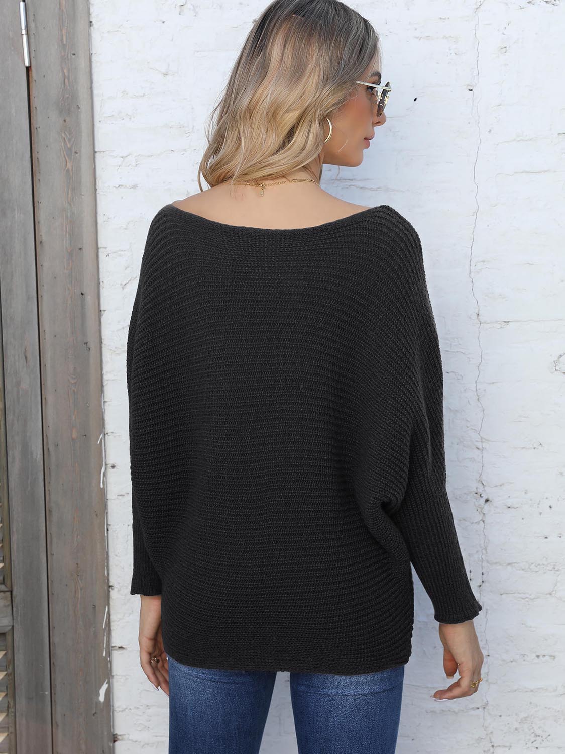 Full Size Horizontal Ribbing Dolman Sleeve Sweater 
