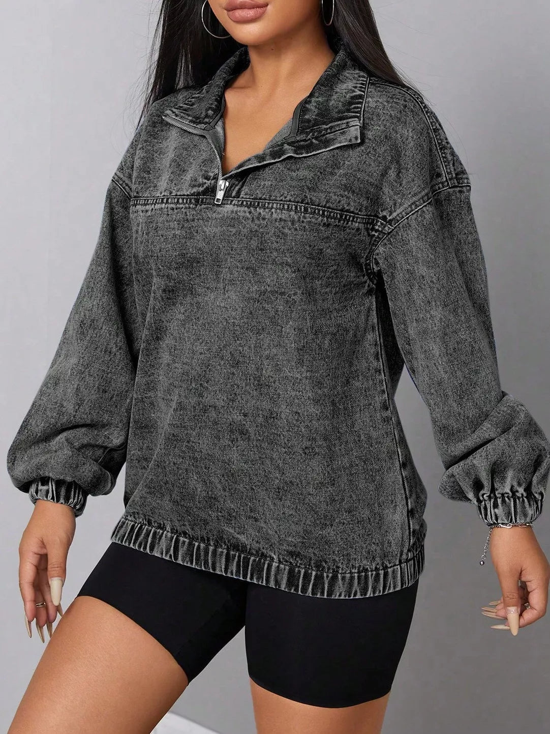 Elastic Hem Quarter Zip Denim Top 