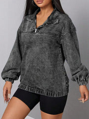 Elastic Hem Quarter Zip Denim Top 