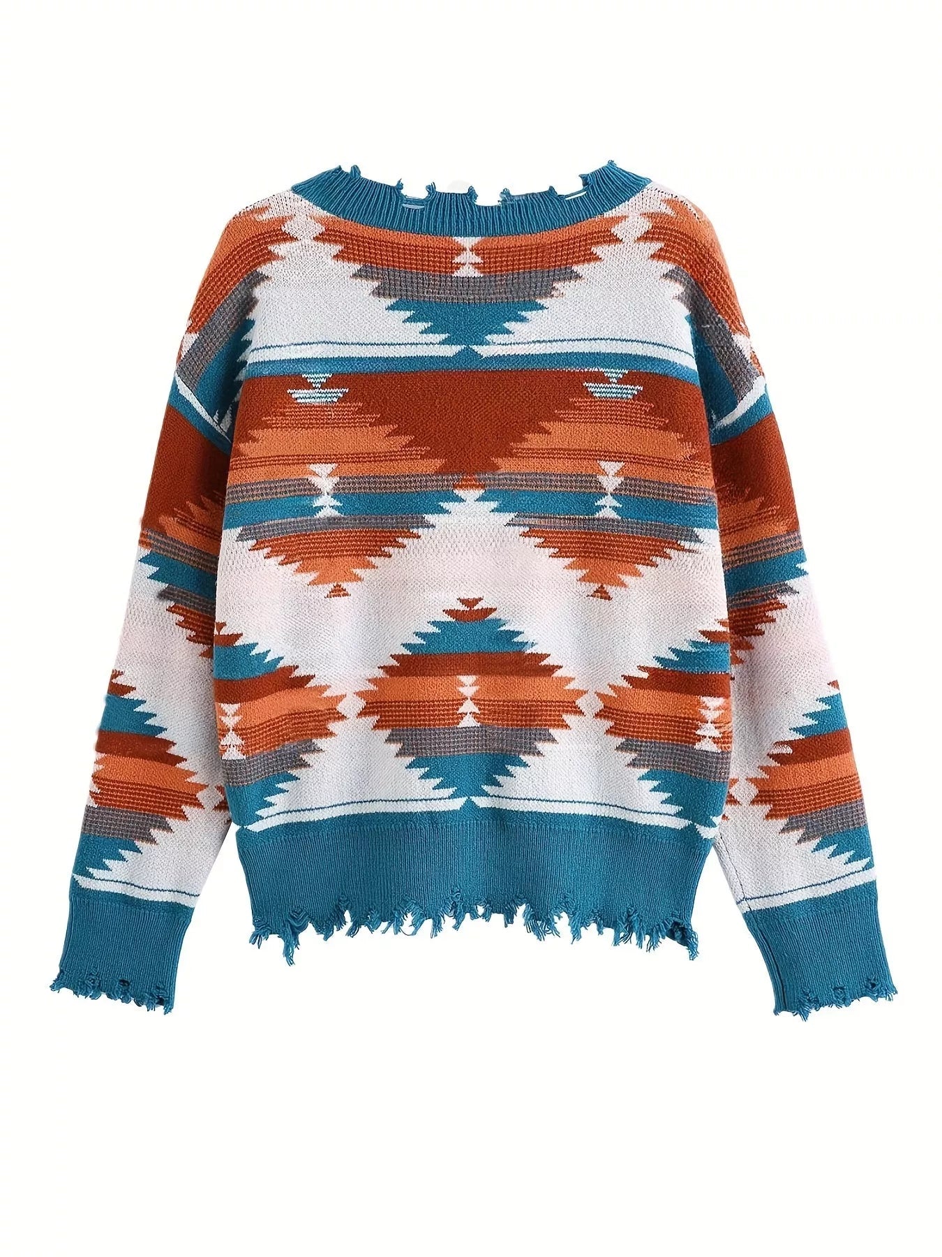 Geometric Frayed Hem V-Neck Long Sleeve Sweater 