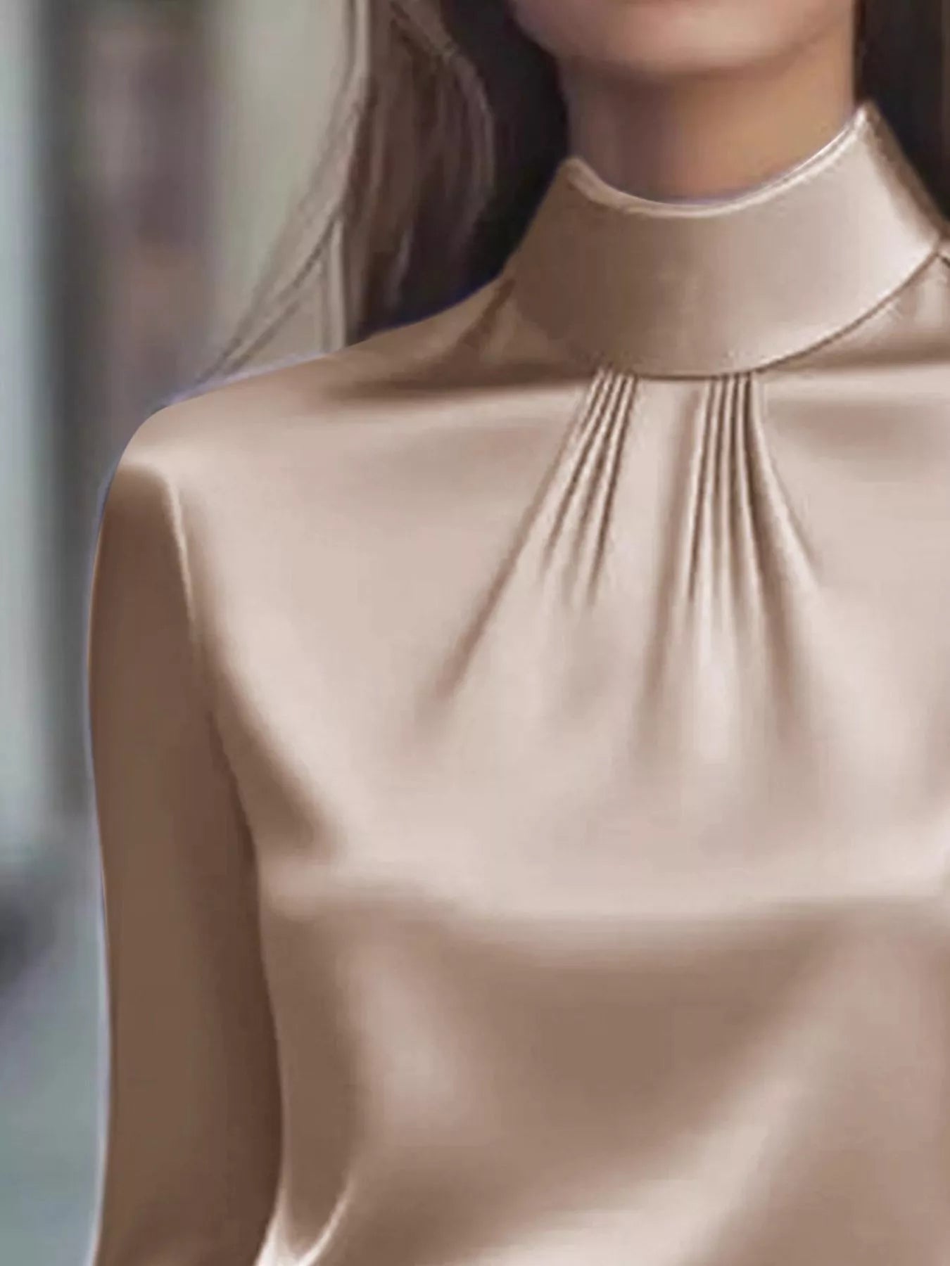 Mock Neck Long Sleeve Blouse with Pleated Detail 