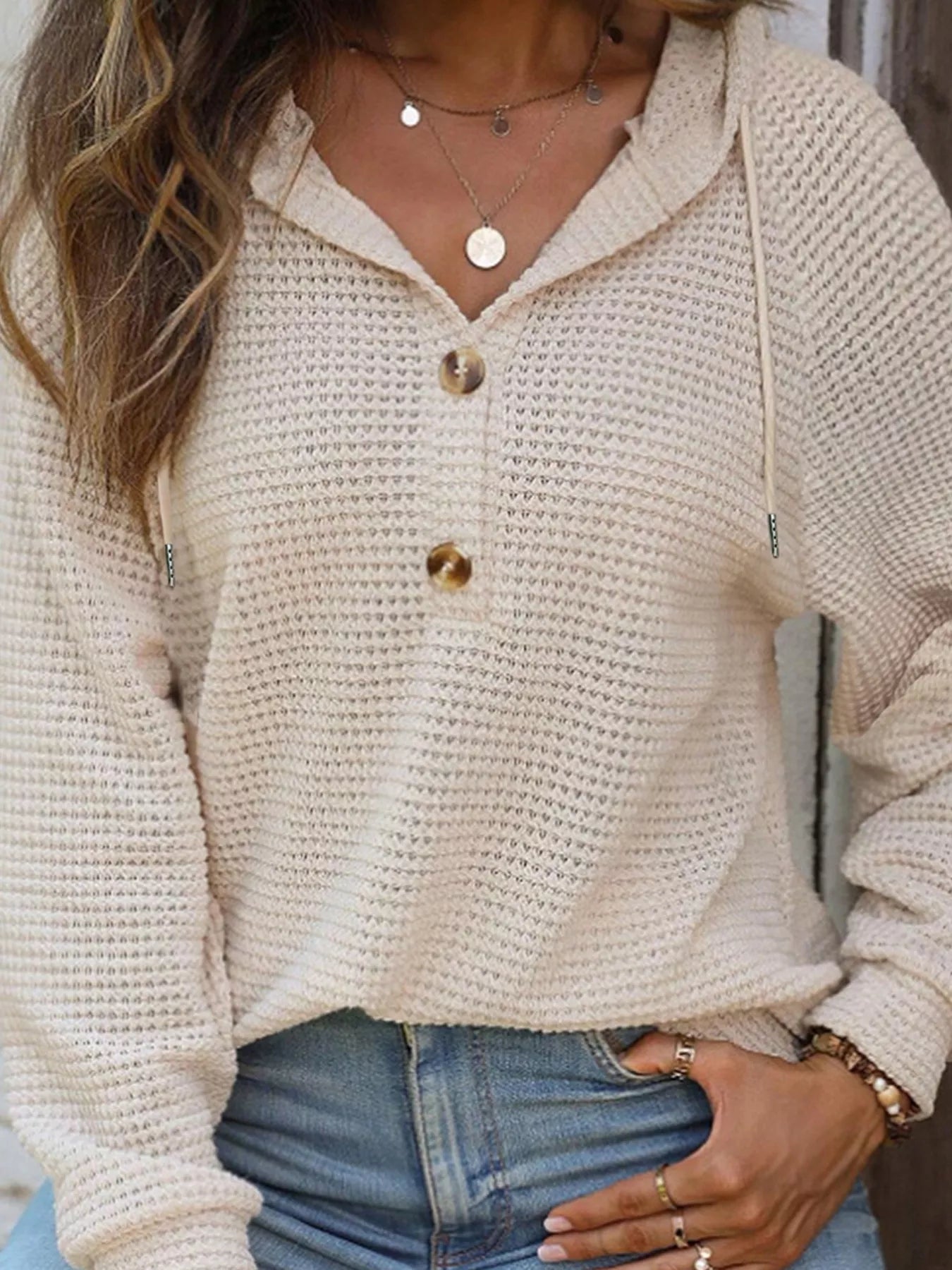 Casual Waffle Knit Button Detail Hoodie 