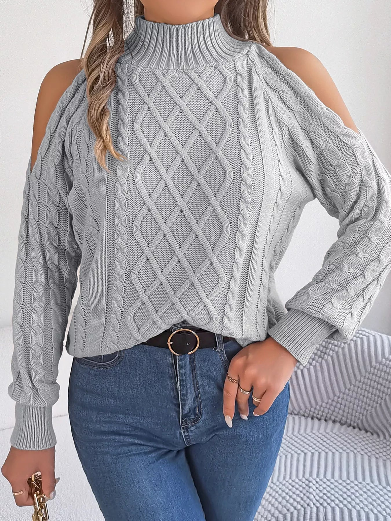 Cable Knit Cold Shoulder Turtleneck Sweater 