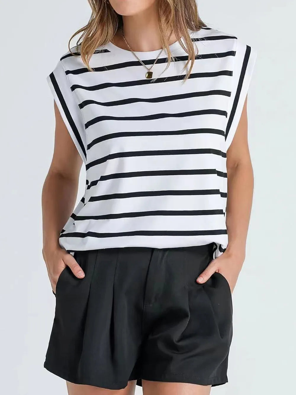 Striped Round Neck Cap Sleeve T-Shirt 
