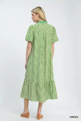 Umgee Leaf Print Ruffle Neck Midi Dress 