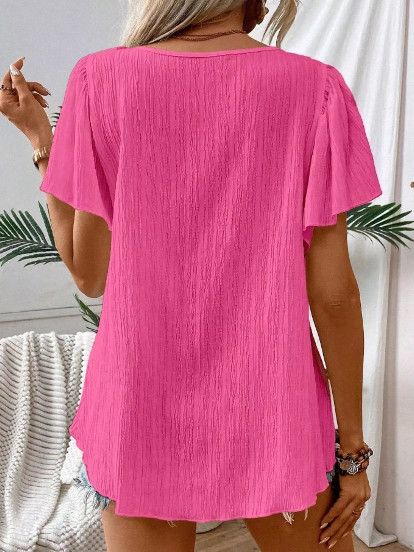 Embroidered Square Neck Flutter Sleeve Blouse 