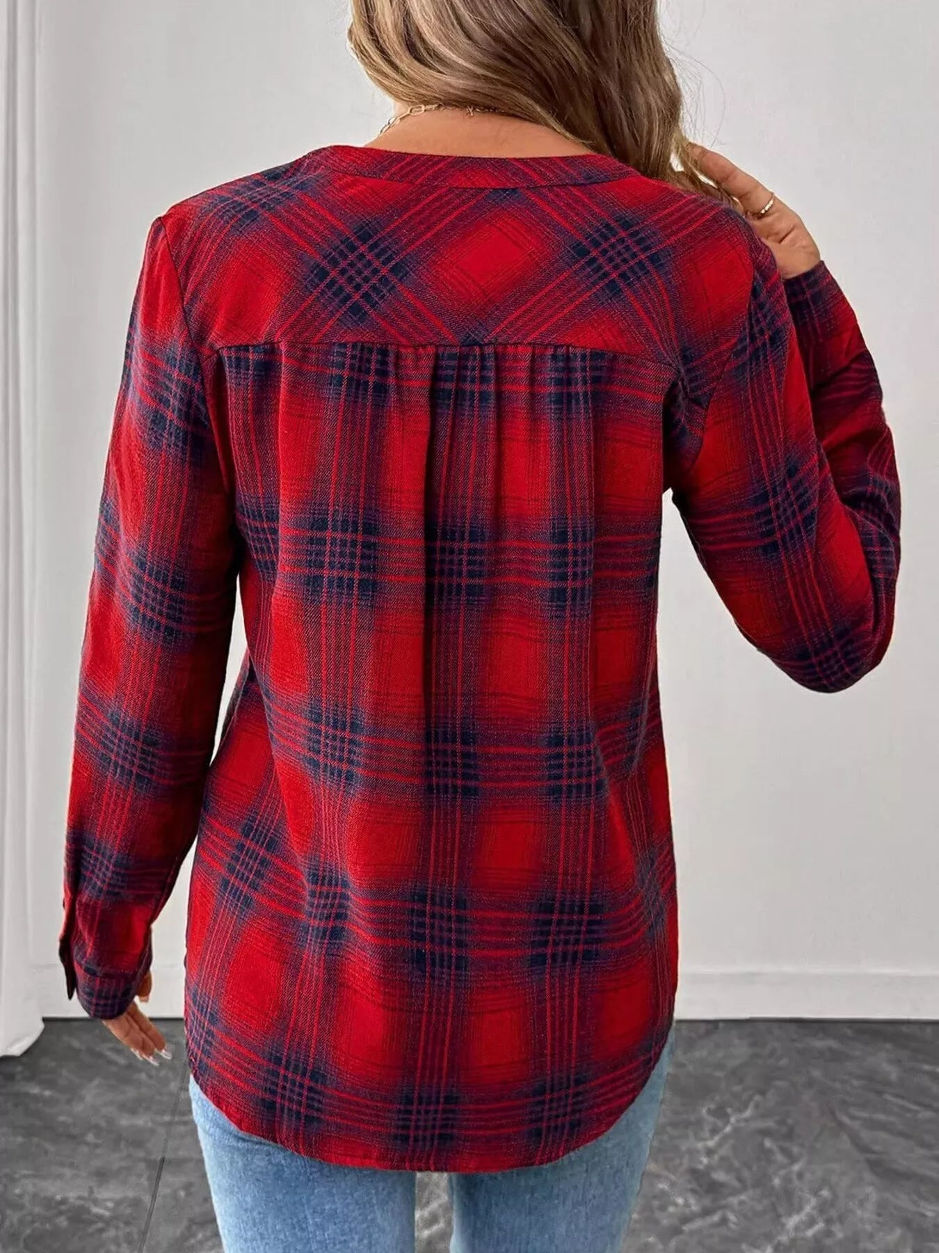 Plaid Half Button Long Sleeve Blouse 