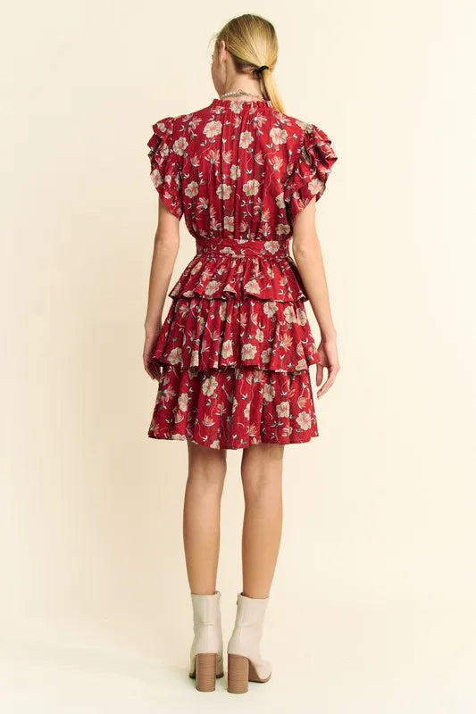 Davi & Dani Ruffle Flutter Sleeve Tie Belt Tiered Mini Dress 