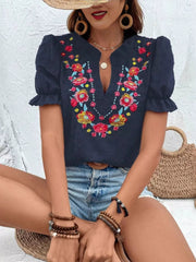 Floral Embroidered Puff Sleeve Blouse 