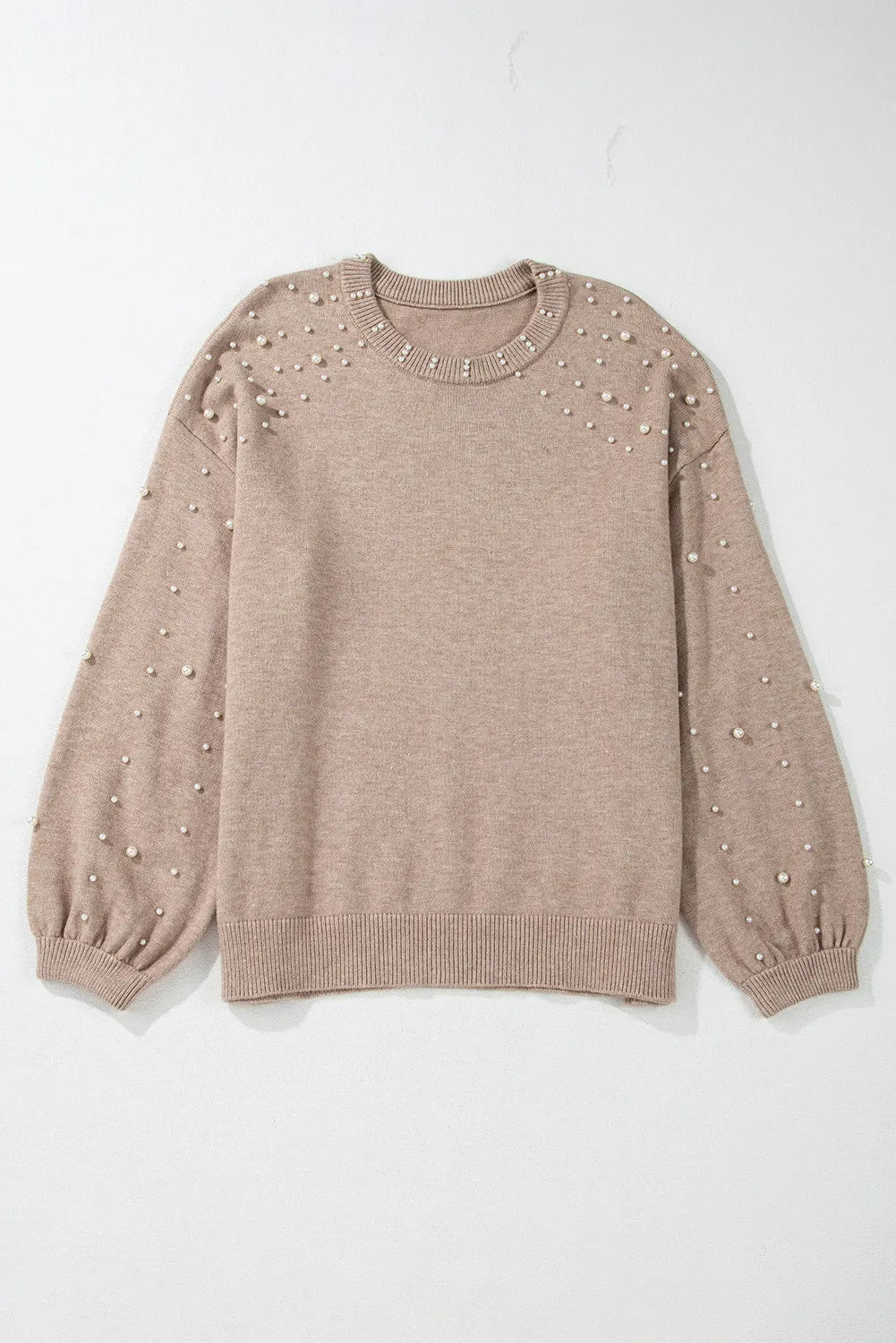Plus Size Pearl Detail Round Neck Long Sleeve Sweater 