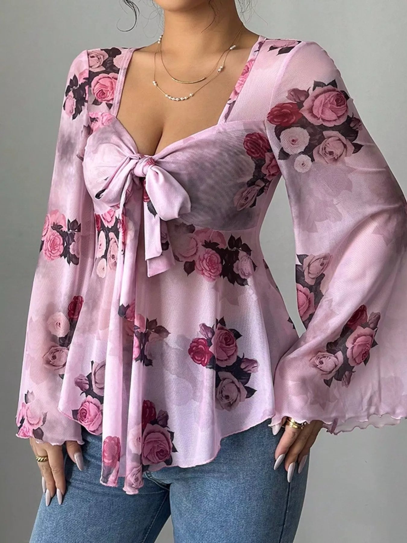 Floral Print Tie Front Flare Sleeve Blouse 