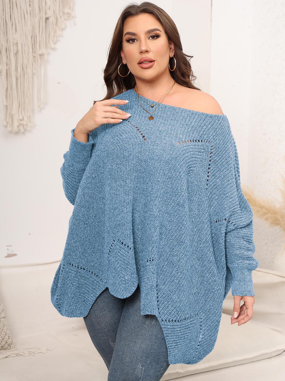 Plus Size Round Neck Batwing Sleeve Sweater 