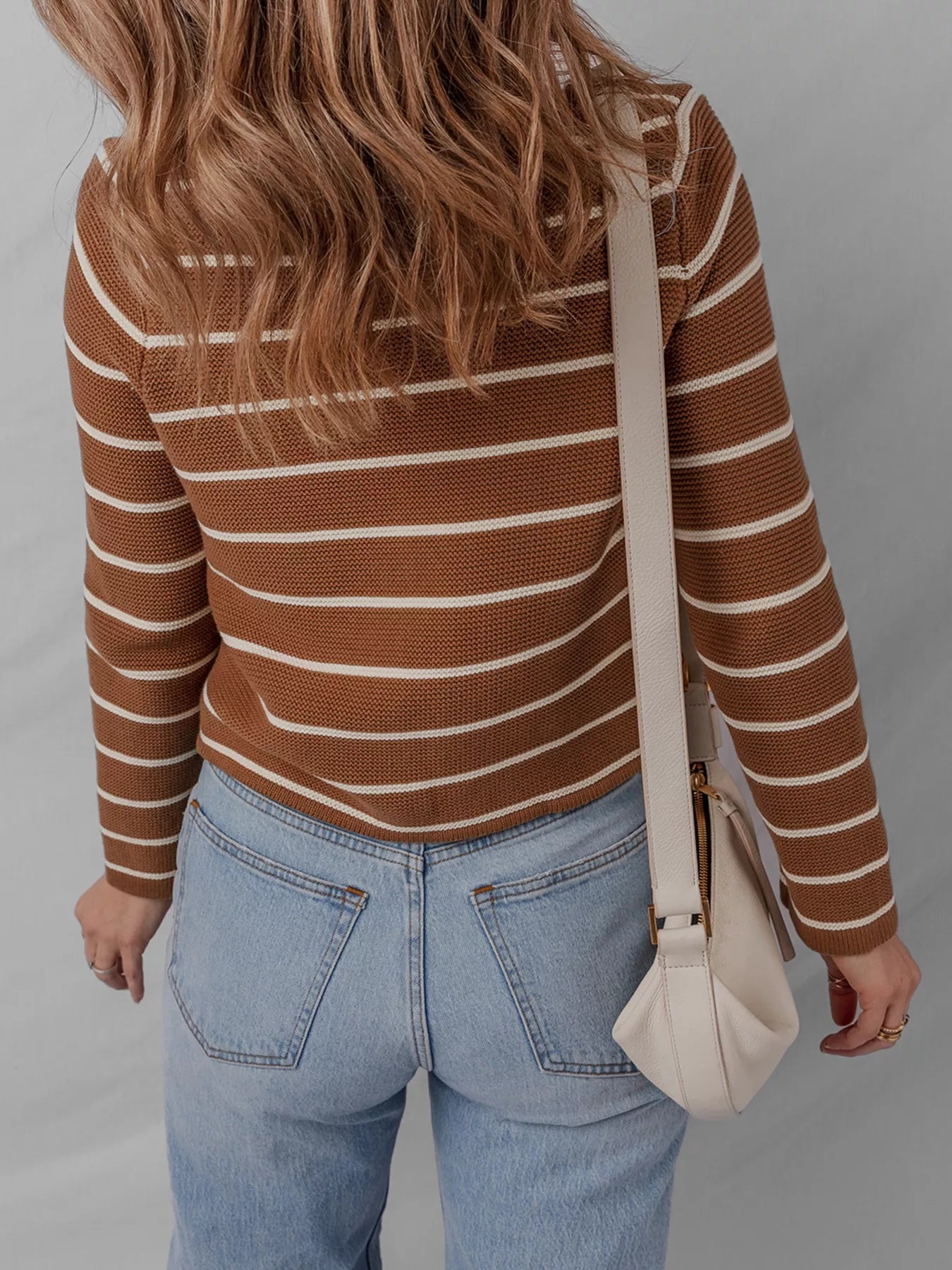 Tie Front Striped Knit V Neck Cardigan 