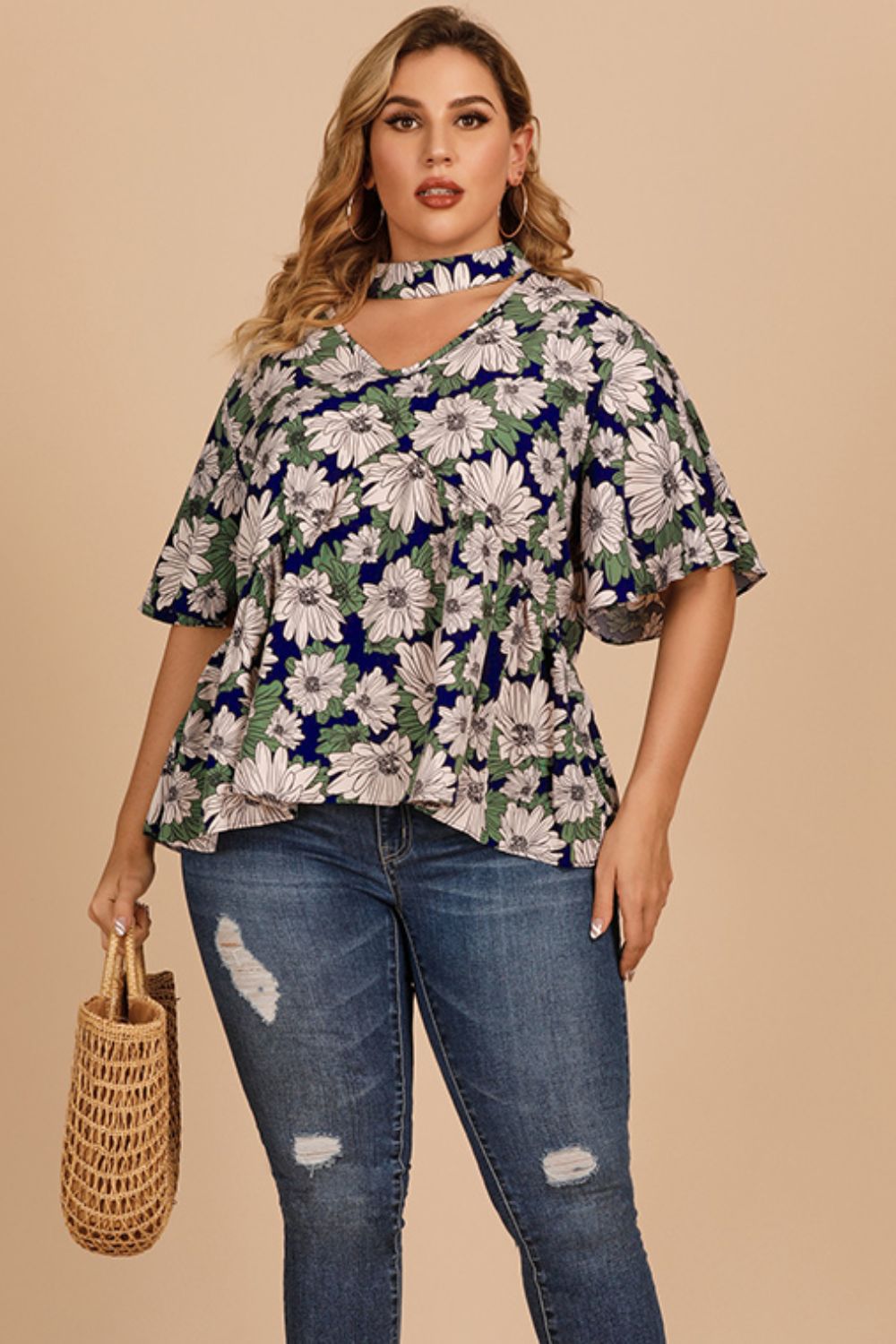 Plus Size Floral Flutter Sleeve Cutout Blouse 