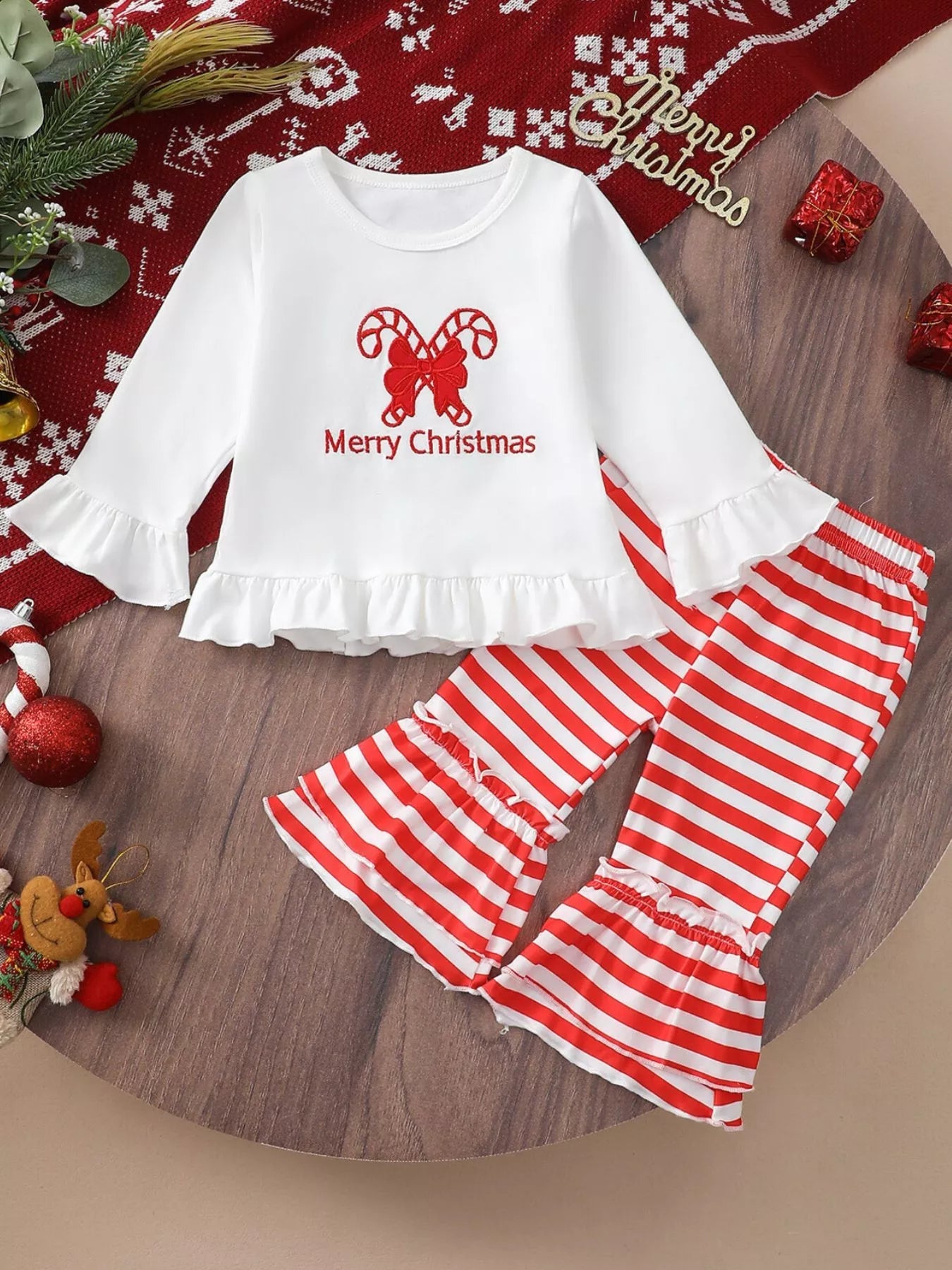 Children's Christmas Ruffle Trim Top and Pants Set 