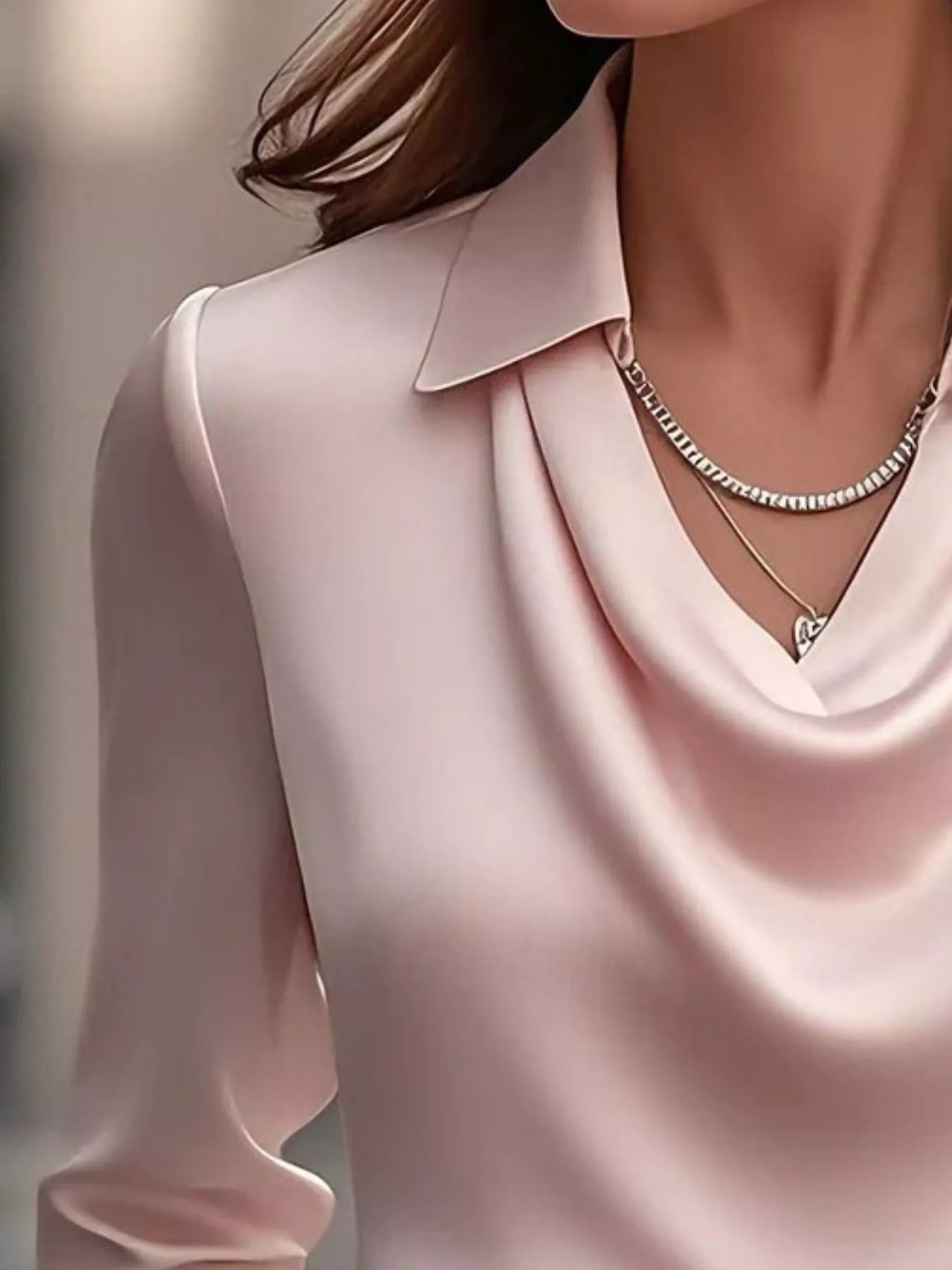 Ruched Long Sleeve Drape Collar Blouse 