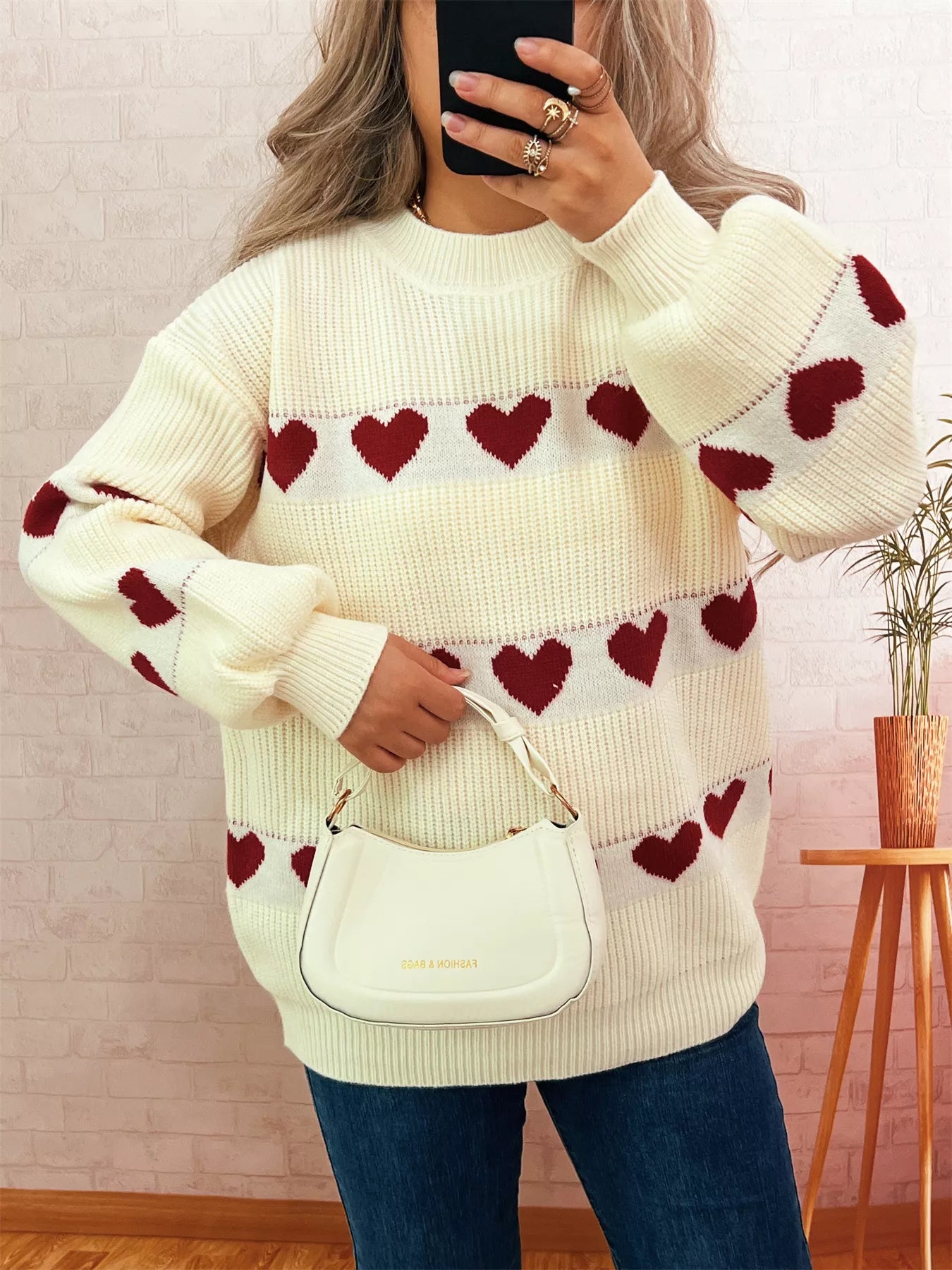 Heart Pattern Dropped Shoulder Sweater 