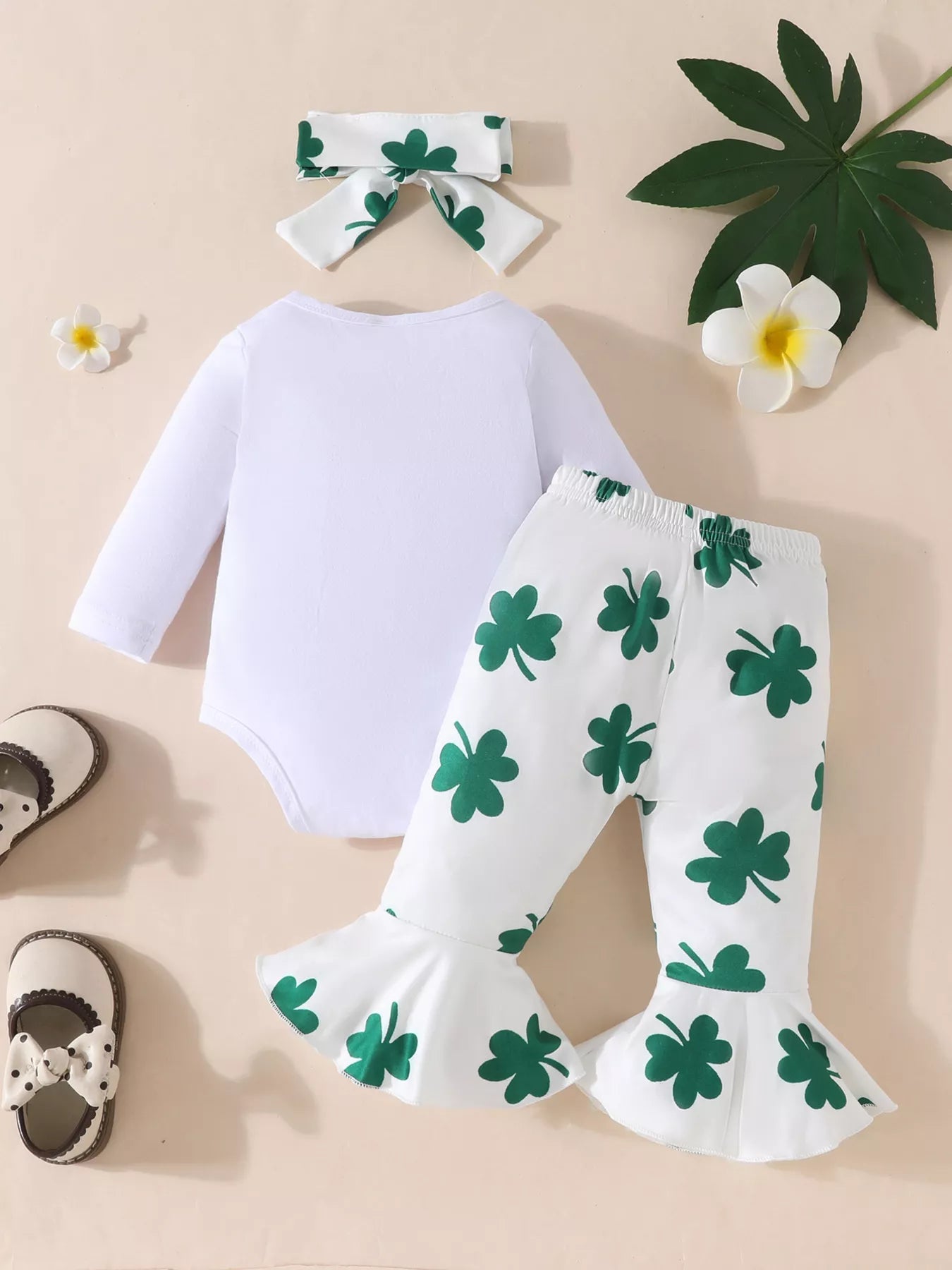 Children's Lucky Clover Long Sleeve Bodysuit and Flare Pants Set with Headband 