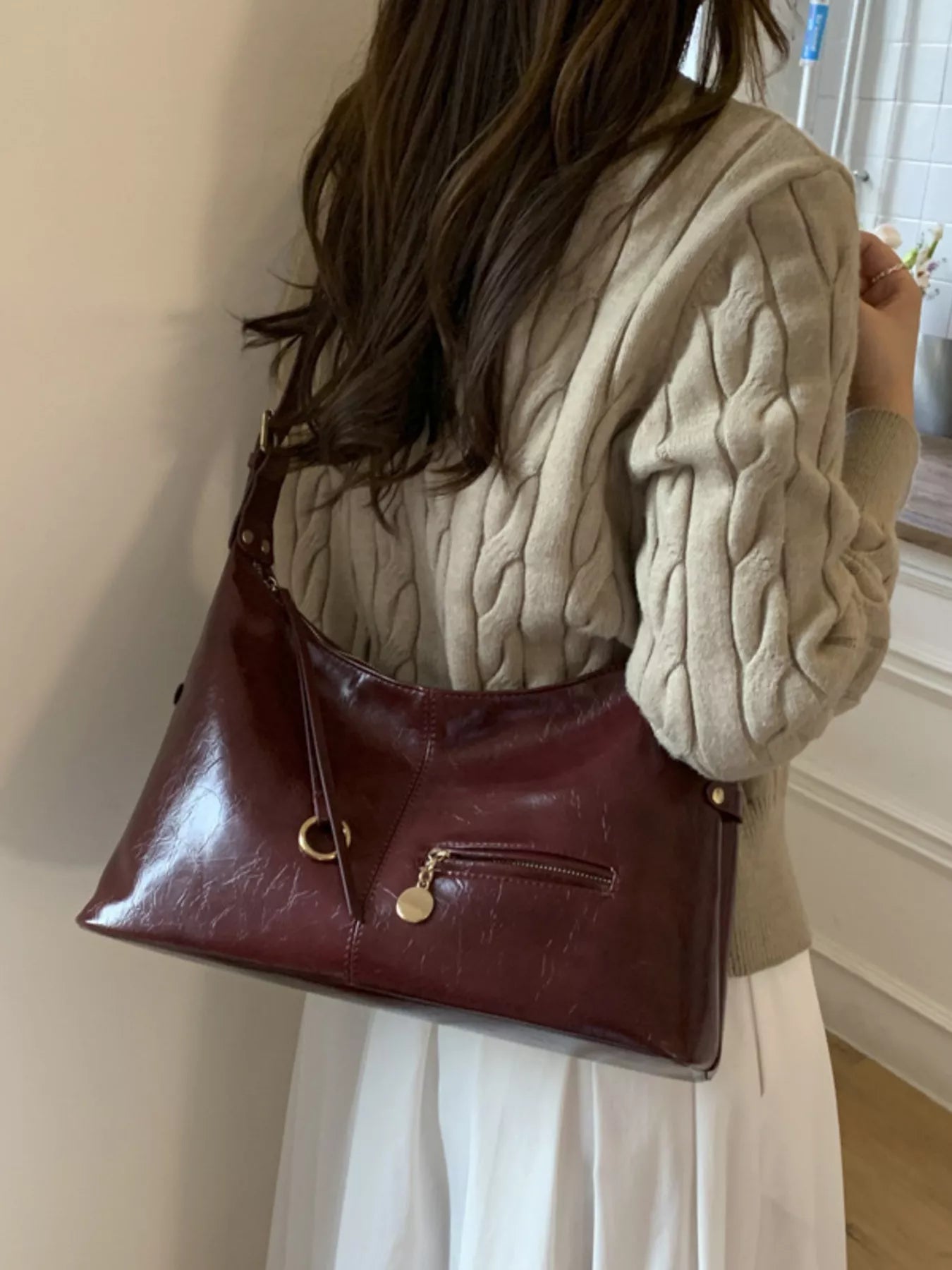 Leather Hobo Shoulder Bag 