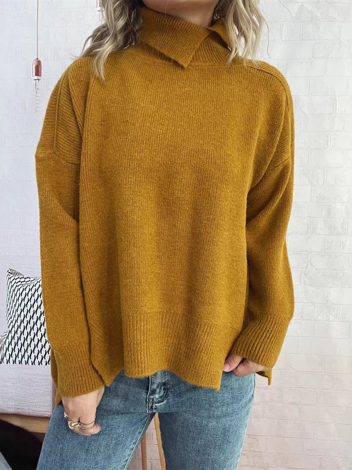 Slit Turtleneck Long Sleeve Sweater 