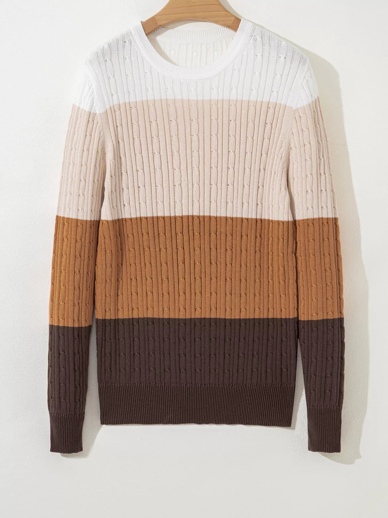 Colorblock Cable Knit Round Neck Sweater 