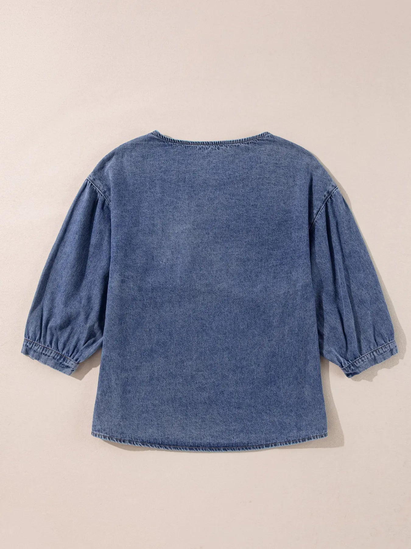 3/4 Sleeve Ruffled Patched Pocket Denim Blouse 