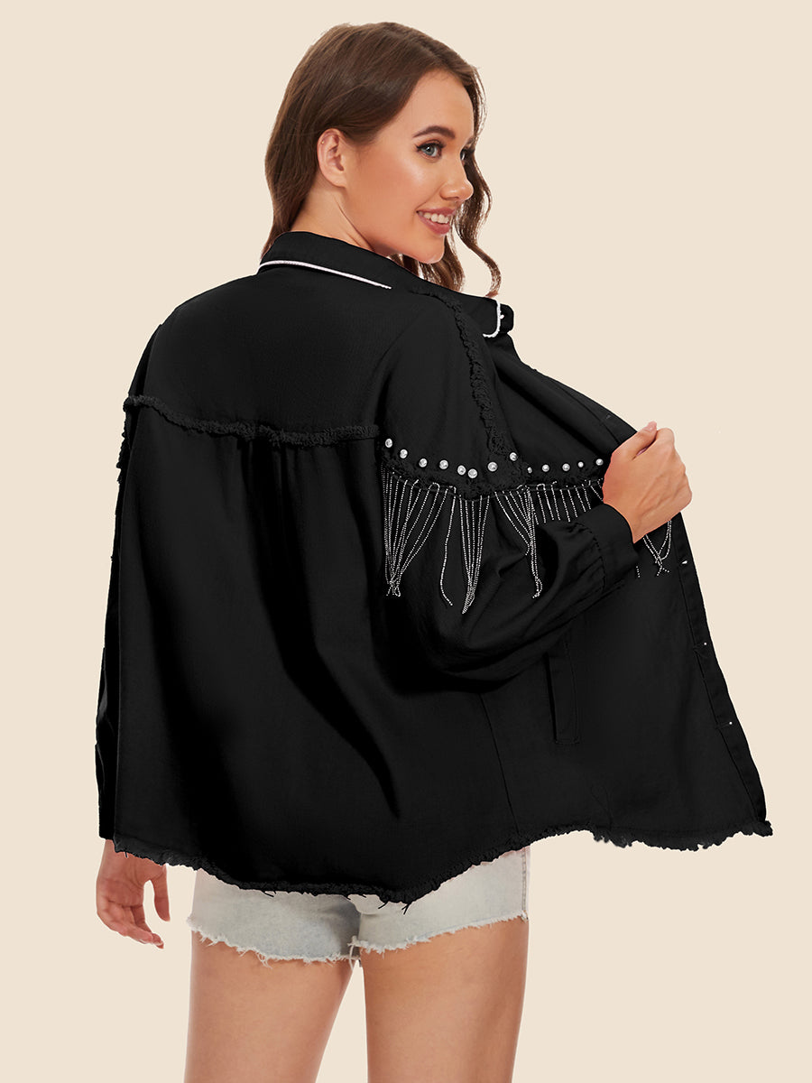 Raw Hem Fringe Detail Denim Jacket 