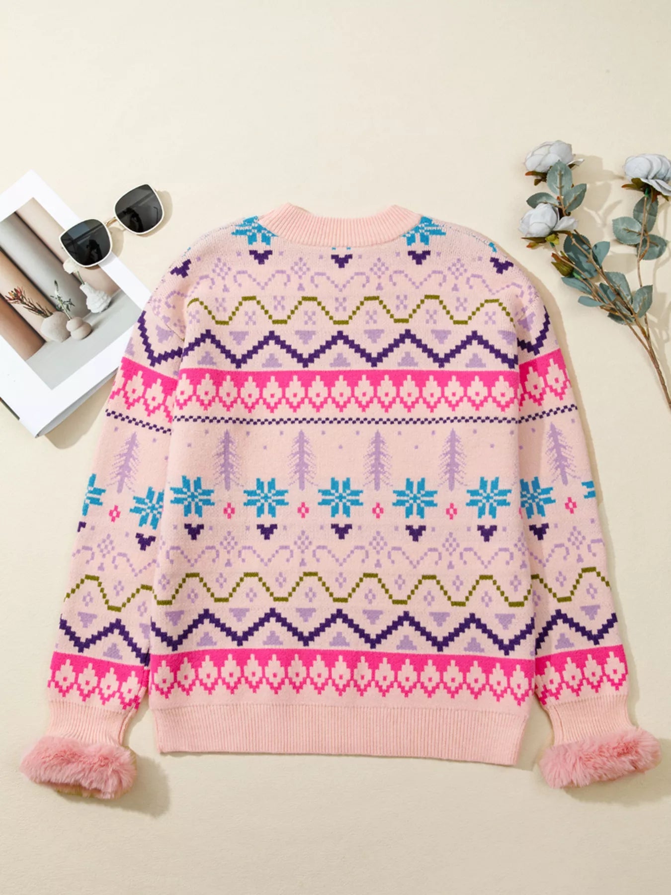 Multicolour Ethnic Christmas Pattern Knit Feather Cuffed Sweater 