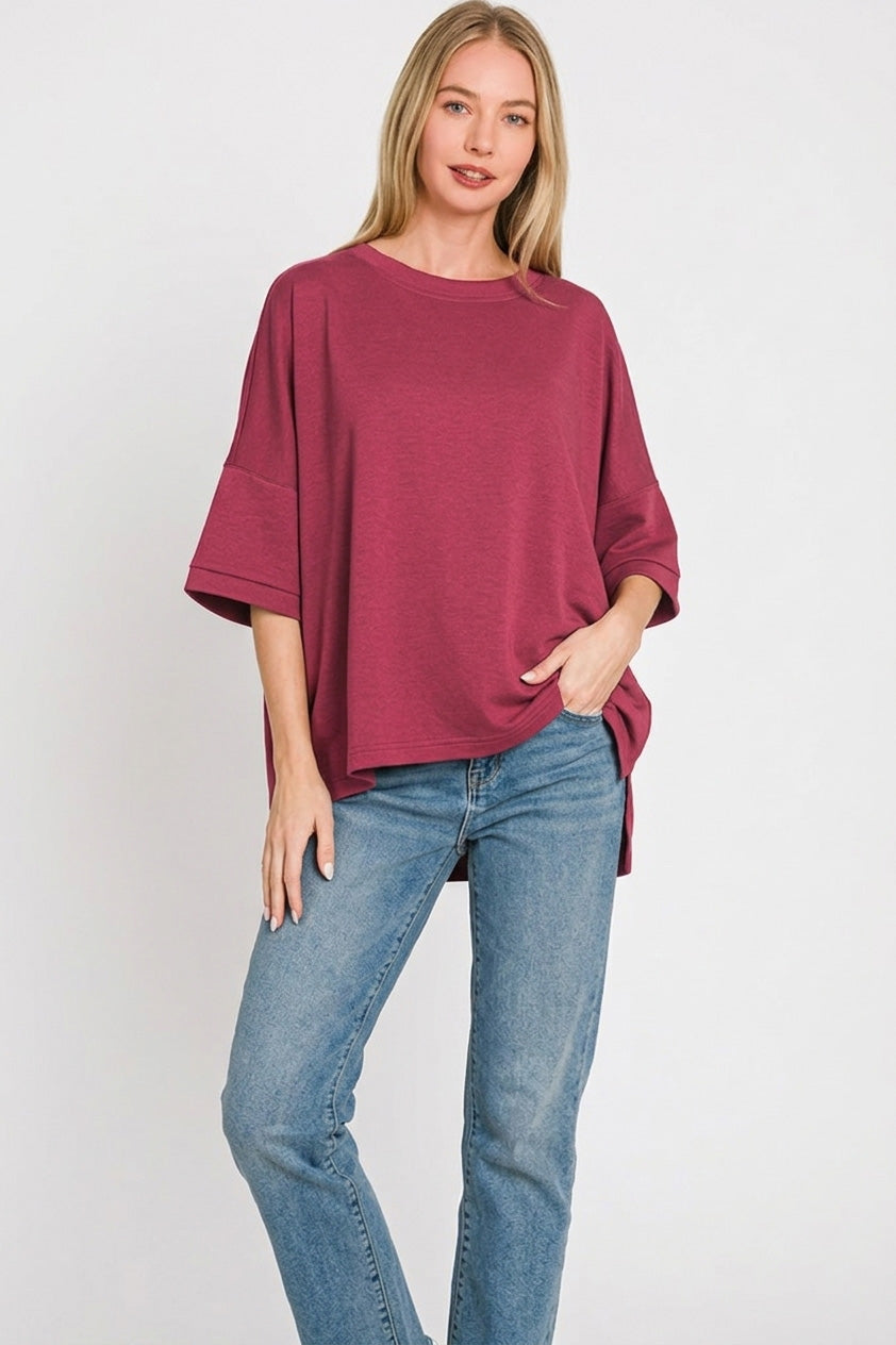 Zenana Full Size Scuba Round Neck Top With Side Slits Plus Size 