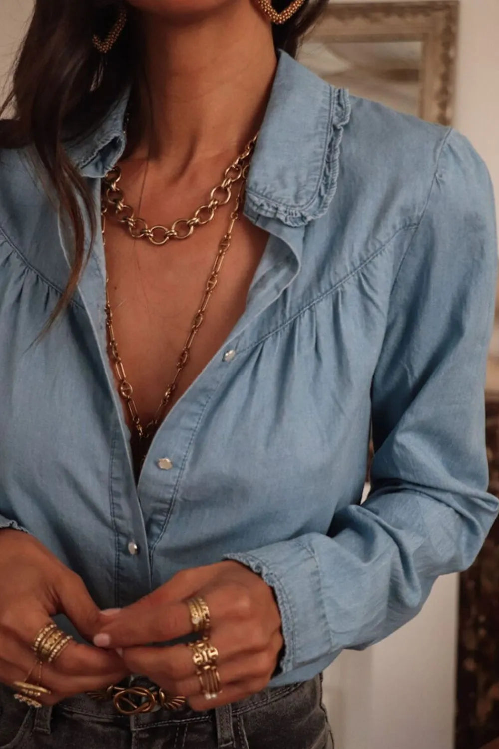 Button Up Long Sleeve Denim Top 