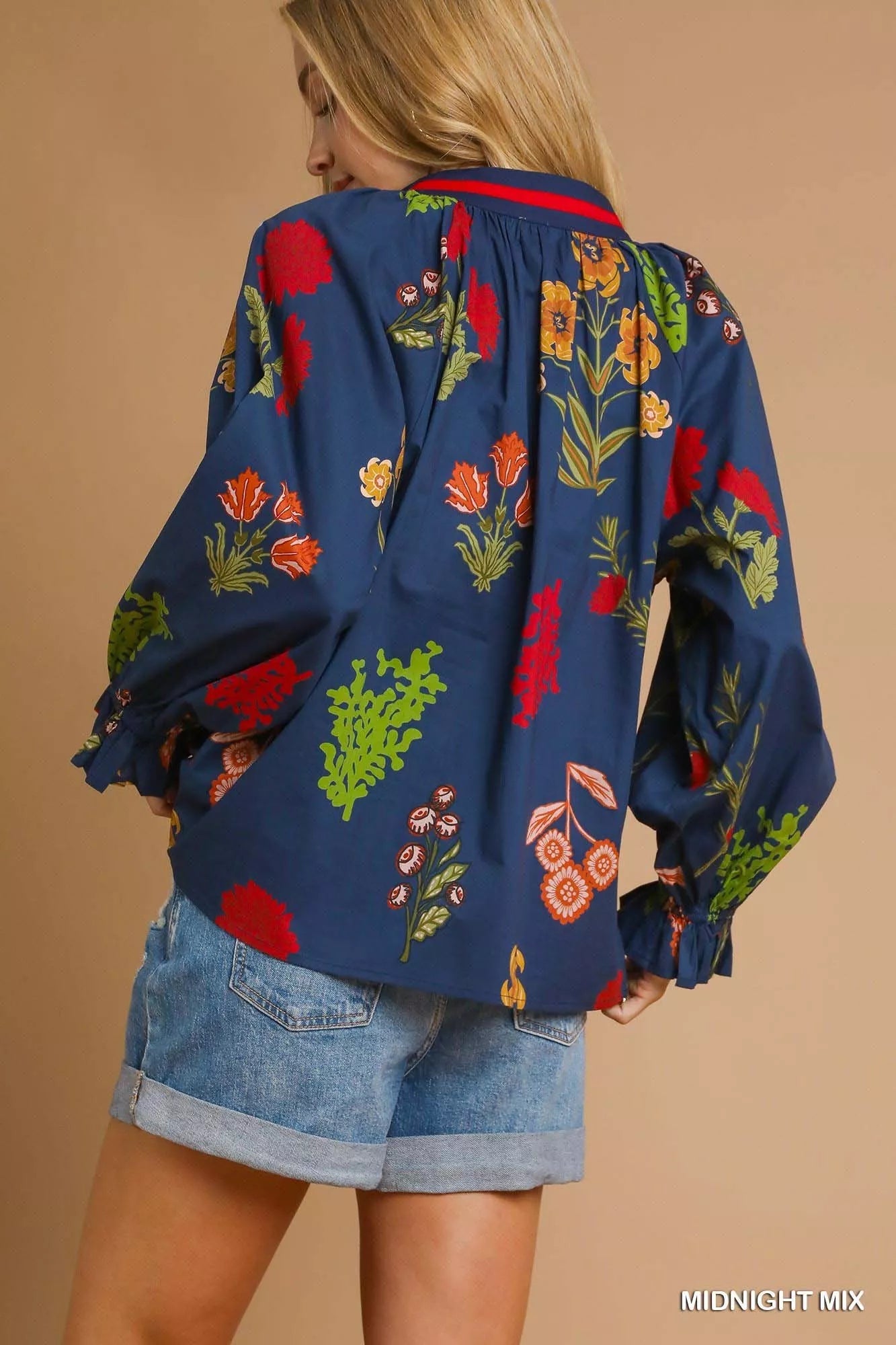 Umgee Floral Print Flounce Sleeve Blouse 