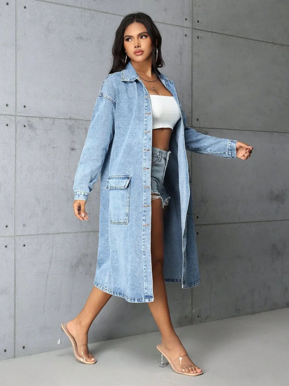 Pocketed Button Up Collared Neck Denim Top 