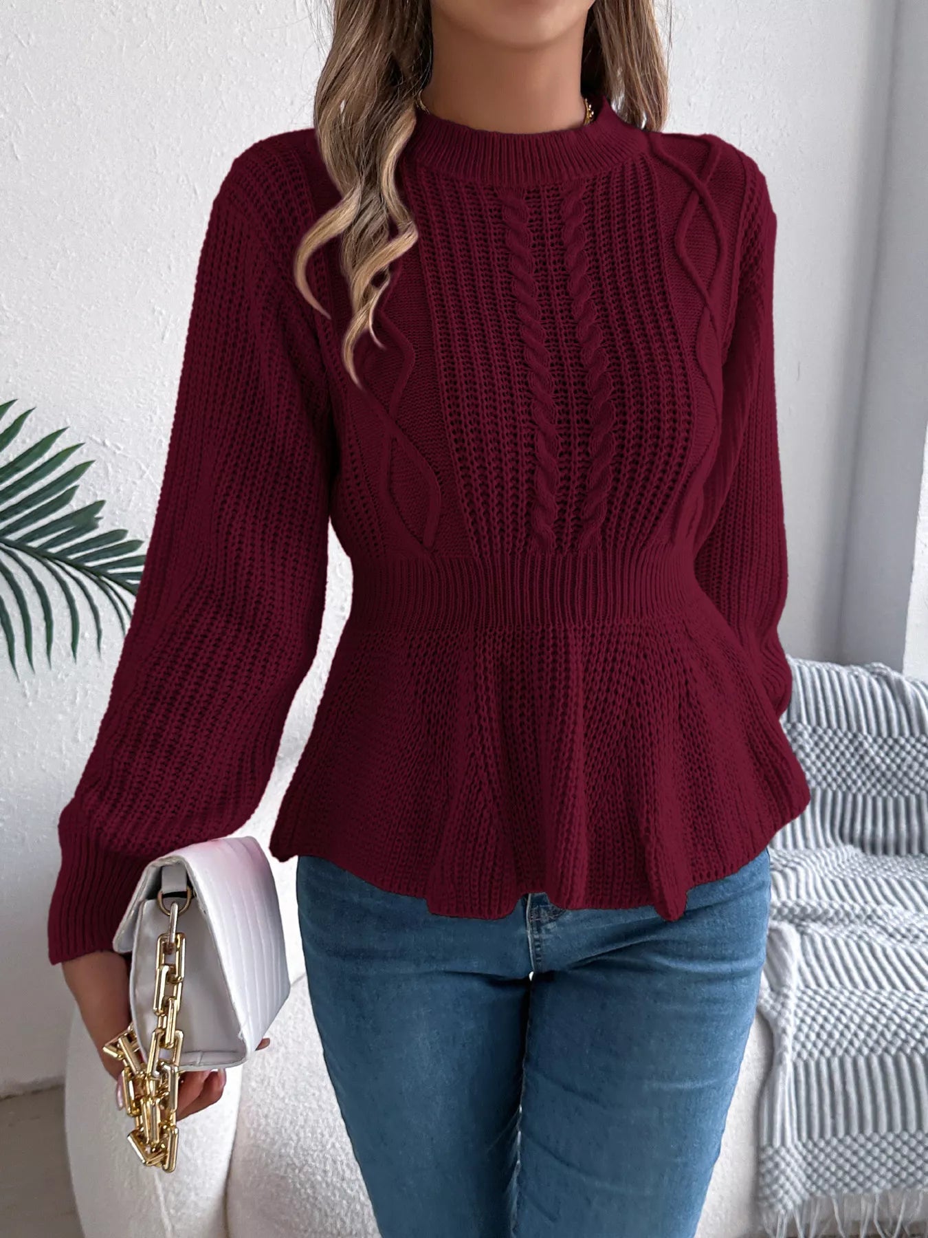 Cable Knit Round Neck Peplum Sweater 