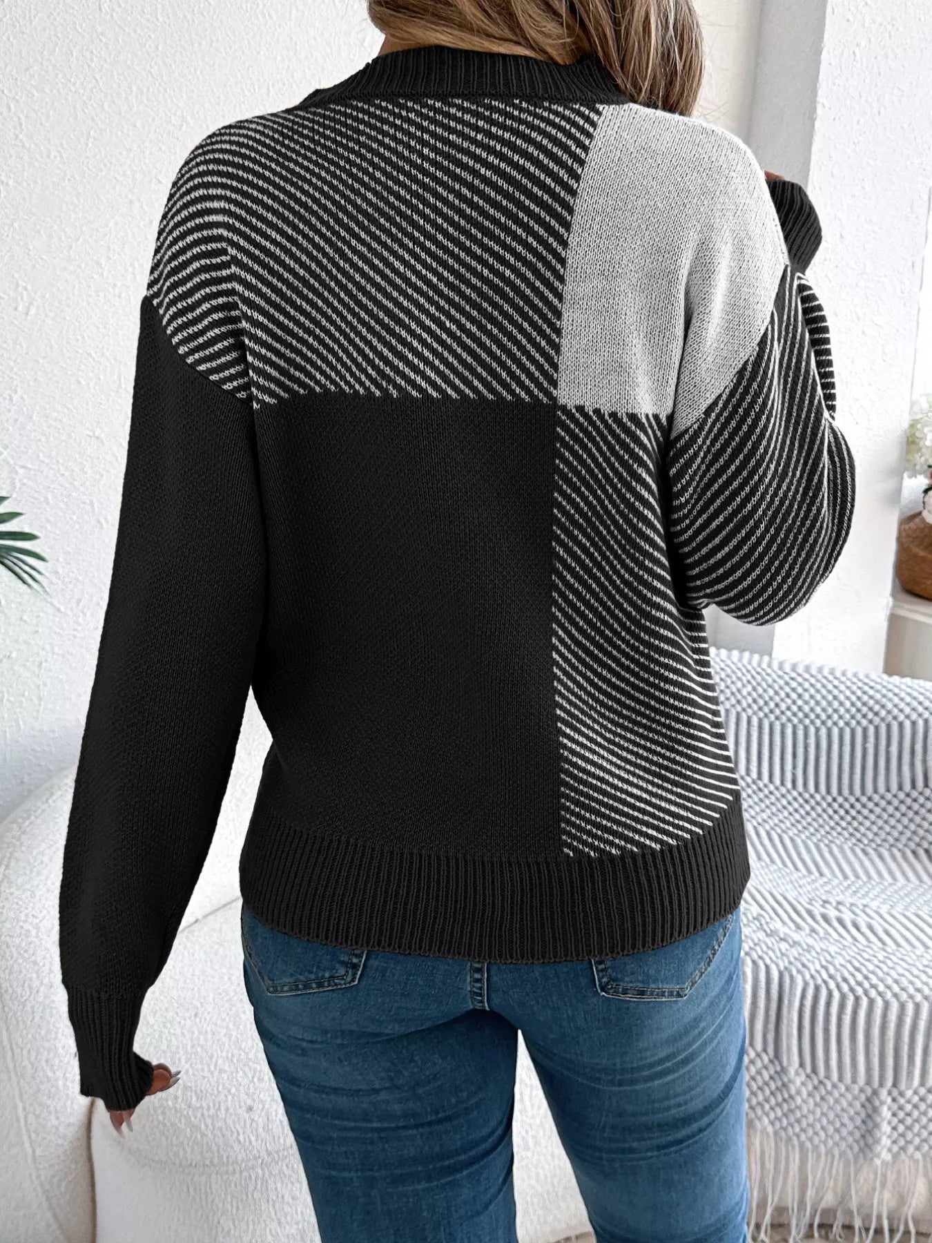 Color Block Striped Round Neck Sweater 
