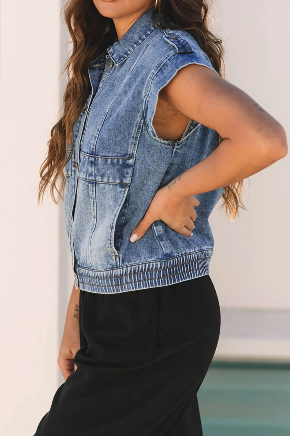 Button Up Cap Sleeve Denim Jacket 